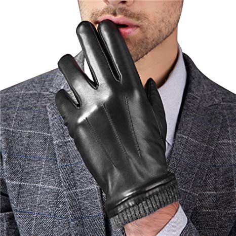 Harrms Men's Winter Leather Gloves Warm Touchscreen Genuine Leather Texting with Cotton Lining For Driving Motorcycle Cycling Riding, Black/Brown