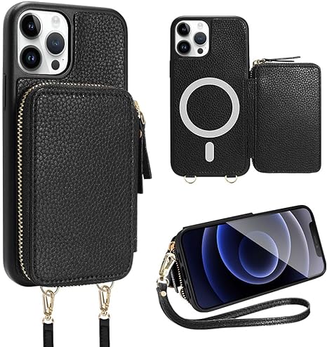 ZVE iPhone 15 Pro Wallet Case Magsafe, Crossbody Magnetic Phone Case with Card Holder Wrist Strap for Women, Zipper Leather RFID Blocking Cover for iPhone 15 Pro, 6.1"-Black