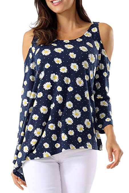 Bzonly Womens Casual Shirts Cold Shoulder Floral Print 3/4 Sleeve Tunic Blouses Top