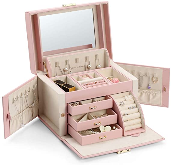 Vlando Lockable Jewelry Box Organizers with Key, Small Travel Earrings and Rings Jewelry Box on Top Included, Vintage Gift Case Packing for Ladies Women, Pink