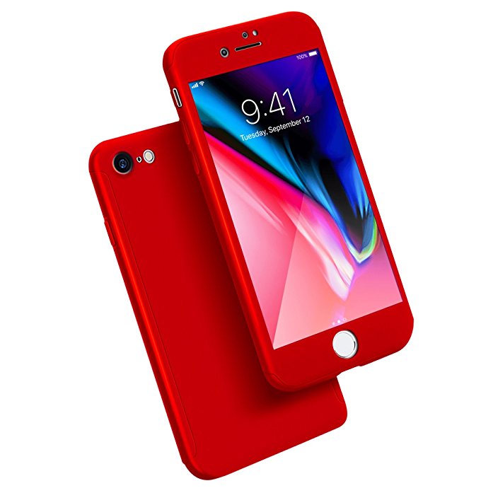 iPhone 7 Case, ORETech 360 Full Body Protection Ultra-Thin Case with [Tempered Glass Screen Protector], Anti-Scratch Hard PC Slim Case for iPhone 7 Cover - 4.7 inch - Red
