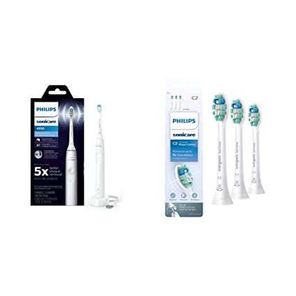 Philips Sonicare 4100 Electric Rechargeable Power Toothbrush, White, with Genuine Philips Sonicare Optimal Plaque Control Replacement Toothbrush Heads, White, 3 Pack