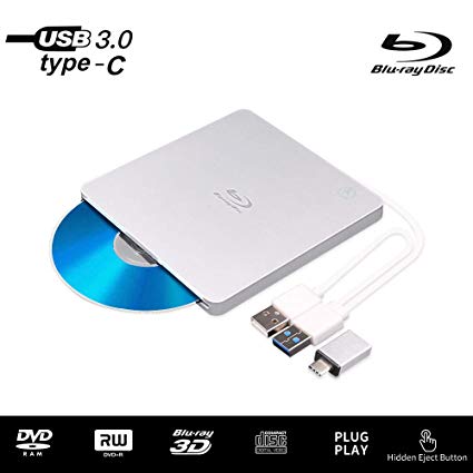 External Blu Ray DVD Drive 3D, Ultra-Slim USB 3.0 and Type-C Slot-in Optical Portable BD CD DVD RW ROM Drive Writer Player Reader Burner for MacBook, Laptop, Desktop
