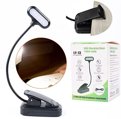 Goldenlight 5-LED Flexible Desk Light, Battery Powered Clip On Reading Light, Attachable Bedside Lamp for Kids, Eye Protection Book Lights for Bed Office Work