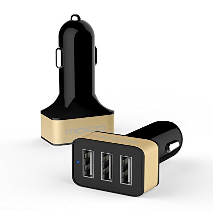 MoKo 3-Port USB Car Charger, 36W / 7.2A with Smart Charging Technology for iPhone 7 / 7 Plus / 6s / 6s Plus, iPad Pro 9.7"/ Pro 12.9"/ Mini 4 / Air 2, and More Devices, BLACK & GOLDEN