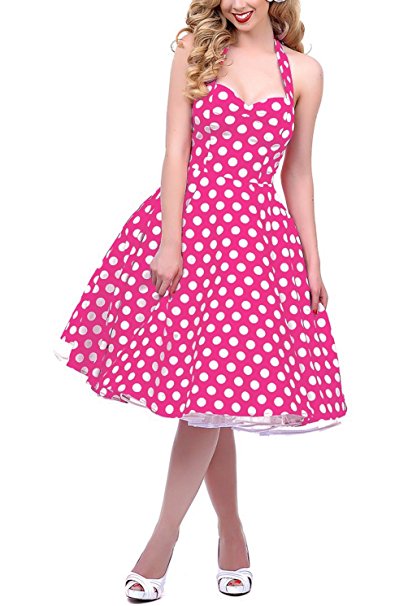 BI.TENCON 1950s Halter Style Vintage Polka Dot Swing Dress