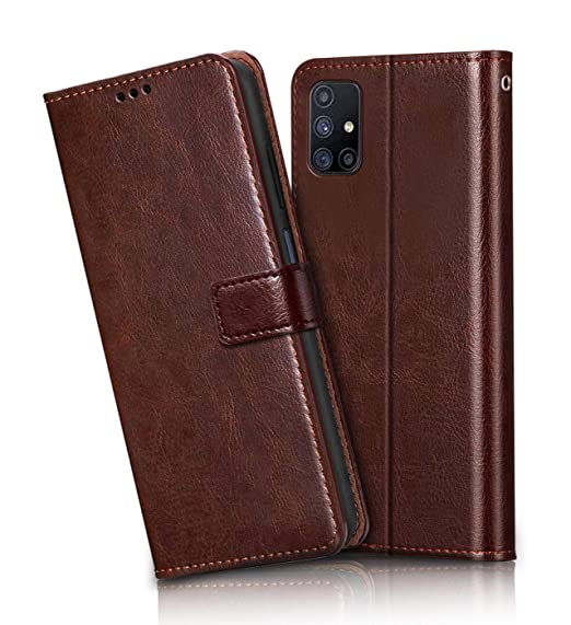 Frazil Vintage Leather Flip Cover Case for Samsung Galaxy M51 | Inner TPU | Foldable Stand | Wallet Card Slots - Dark Brown