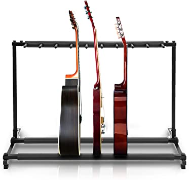 9-Space Foldable Universal Multi Guitar Stand - Guitar Stand Portable Collapsible Instrument Floor Guitar Rack Holder w/ Foam Padding - For Acoustic, Electric, Bass Guitar & Guitar Bag / Case - Pyle