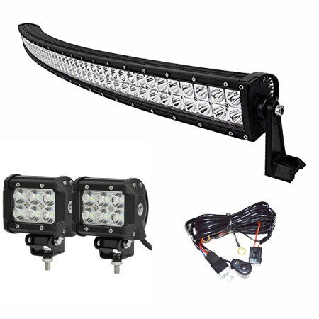 Easynew IP68 300W 10-30V Waterproof Curved LED Light Bar (52-Inch) with 2 Piece 18W LED Lights and Wiring Harness, Mounts