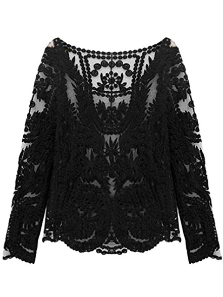 Persun Women Crochet Lace Long Sleeve Blouse Top with Mesh Panel