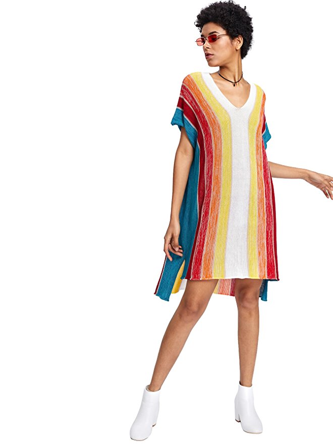 Romwe Women's Short Sleeve Top Loose Fit Striped Color Block Rainbow Print Step Hem Dress