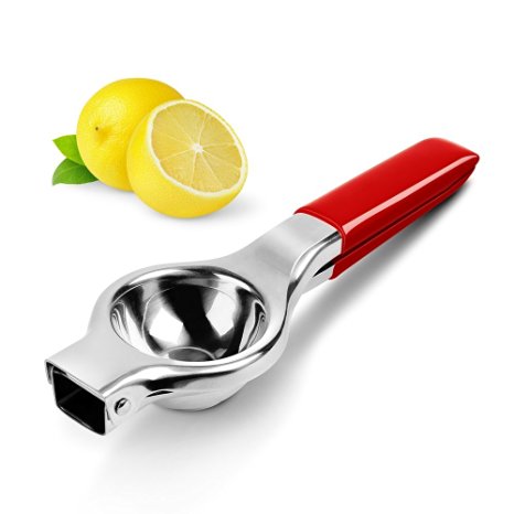 Lemon Squeezer, Panpany Stainless Steel Citrus Juicer with Silicone Handles,Quick and Smooth juicing with 12 weep holes - Red