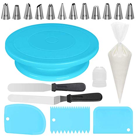 Kootek All-In-One Cake Decorating Kit Supplies with Blue Cake Turntable, 12 Numbered Cake Decorating Tips, 2 Icing Spatula, 3 Icing Smoother, 50 Disposable Pastry Bags and 1 Coupler Baking Set