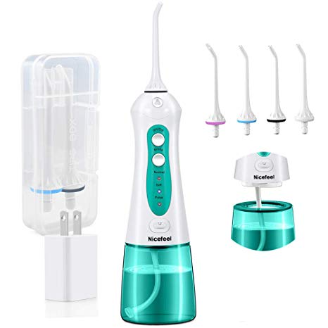 Cordless Water Flosser Teeth Cleaner, Nicefeel 300ML USB Rechargeable Portable Dental Water Oral Irrigator with Tips Case for Travel, IPX7 Waterproof 3-Modes Water Flossing with 4 Jet Tips for Home
