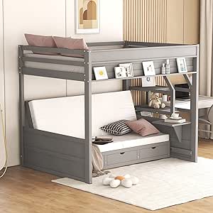 Harper & Bright Designs Full Over Full/Futon Bunk Beds with Stairs, Built-in Small Shelf, and 3 Drawers, Bottom Bed can be Converted into Daybed, Solid Wood Convertible Bunk Bed Frame (Gray)