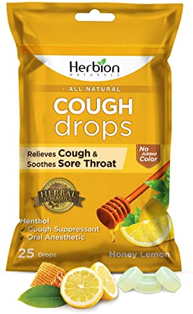 Herbion Naturals Cough Drops with Natural Honey Lemon Flavor, 25 Count, Oral Anesthetic - Relieves Cough, Throat, Bronchial Irritation, Soothes Sore Mouth, for Adults and Children