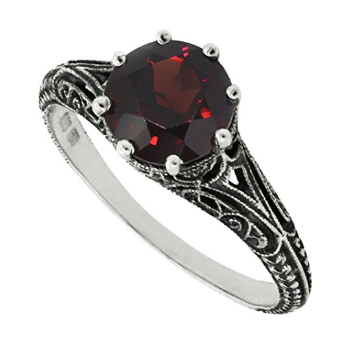 Antique Finish Filigree Sterling Silver Round Cut Natural Mozambique Garnet Ring (2.5 CT.T.W)