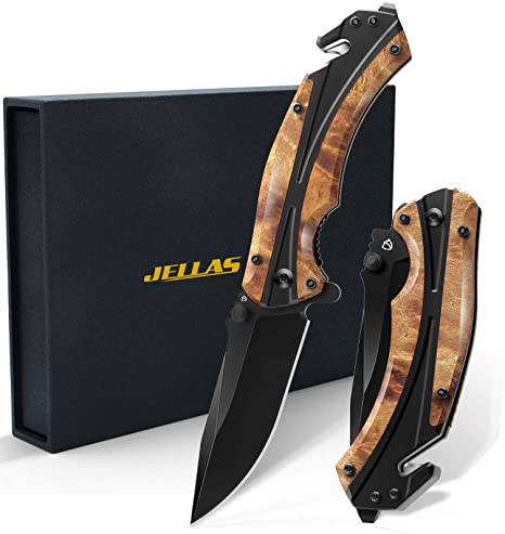 Jellas Pocket Folding Knife for Men with Figured Wood Handle - Tactical Knife with Safety Liner Lock for Camping Hunting Survival Indoor and Outdoor, Best Unique Gift for Men and Women KN05