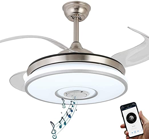 Bluetooth Ceiling Fan with Speaker, 7 Color Changing LED Retractable Ceiling Fan with Light and Remote Indoor Fan Chandelier 36W 42 inch (Nickel Silver)