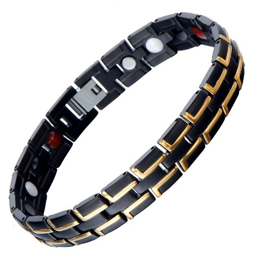 Stainless Steel Mens Magnetic Bracelet with Magnets, Germanium Gold Black with Free Link Removal Kit
