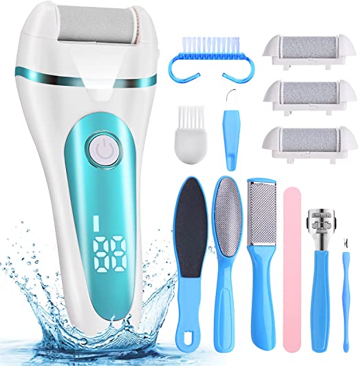 Electric Foot File, Rechargeable Foot Files for Hard Skin Electric Callus Remover with 3 Rollers and 2 Speeds Waterproof Feet Hard Skin Remover Pedicure Kit for Dry Dead Cracked Feet and Dead Skin