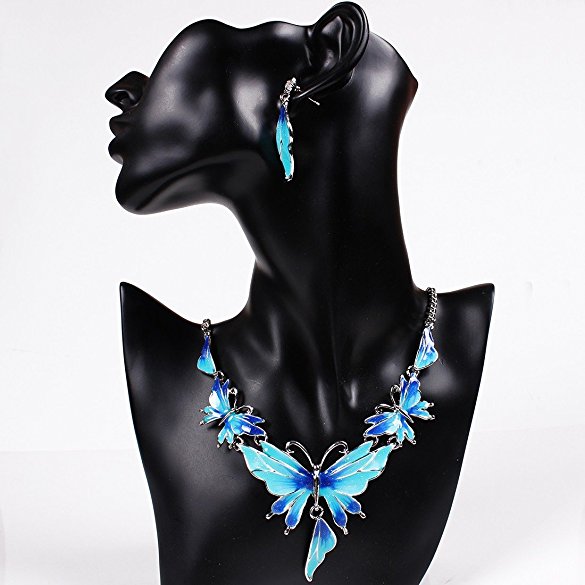 QIYUN.Z Enamel Butterfly Pendant Bib Fringe Y Neck Lariat Necklace Stud Earrings Set