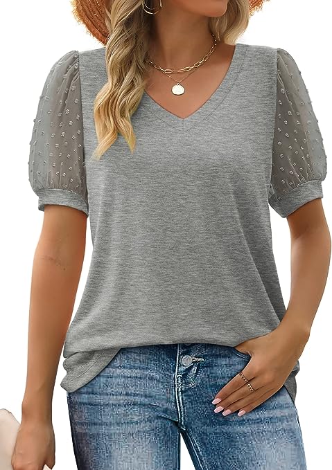 Aokosor Womens Summer Tops V Neck T Shirts Swiss Dot Puff Sleeve Tops Loose Casual Tshirts