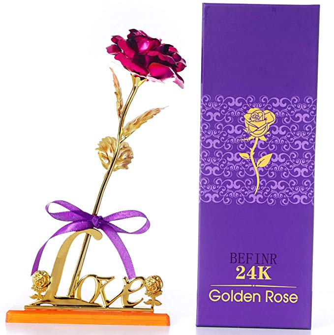 BEFINR 24K Gold Rose for Girlfriend for Wife on The Valentine's Day, Unique Gifts with Gold-Plated Plastic Flower Gift (Pink)