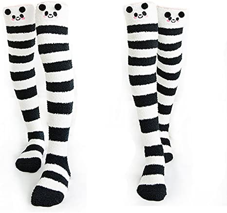 Cute Thigh High Long Striped Socks Coral Fleece Warm Soft Over Knee High Socks,Best Christmas Gift Women's and Girl's
