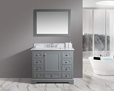 UrbanFurnishing.net - Jocelyn 42-Inch (42") Bathroom Sink Vanity Set with White Italian Carrara Marble Top - Distressed Gray