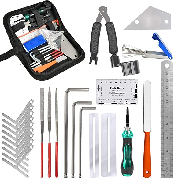 TIMESETL Guitar Repairing Maintenance Tools Kit String Organizer String Action Ruler Gauge Measuring Tool Hex Wrench Set Files Fingerboard Guard Understring Radius Gauges Guitar Fret Rocker Leveling