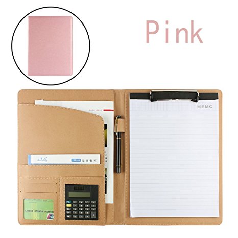 Samaz Pu Leather File Folders with Pockets Clipboard Folder for Letter Size Writing Pad with Calculator Inside (Pink)