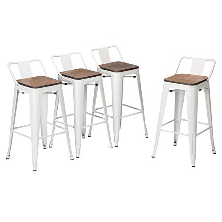 Andeworld Set of 4 Tolix-Style Counter Height Bar Stools Industrial Metal Bar Stools Indoor-Outdoor (Low Back White Wooden, 26 Inch)