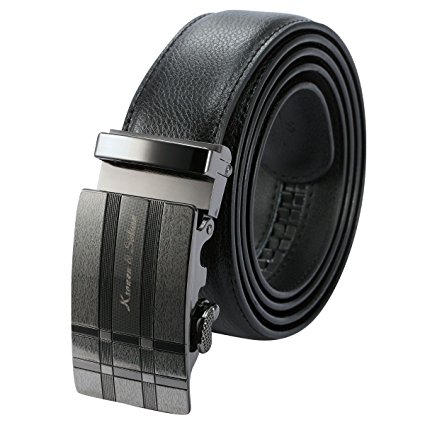KS Men's Black Leather Automatic Stainless Steel Ratchet Buckle Belt KB053