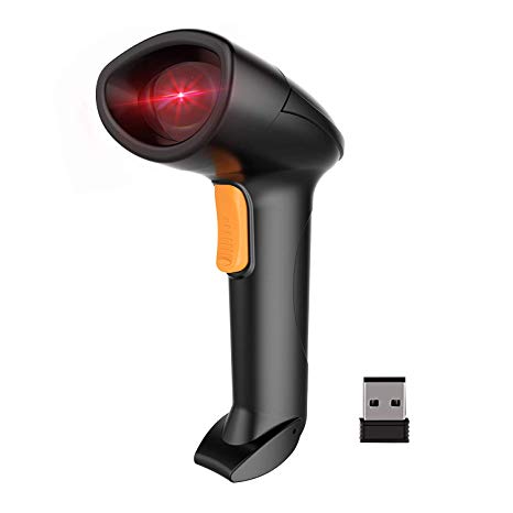 Wireless Barcode Scanner Haelpu 2-in-1(2.4Ghz & USB 2.0 Wired) 32-bit Processor and 1300mAh Rechargeable Battery,1D Automatic Fast and Precise scannin,for Computer POS Laptop