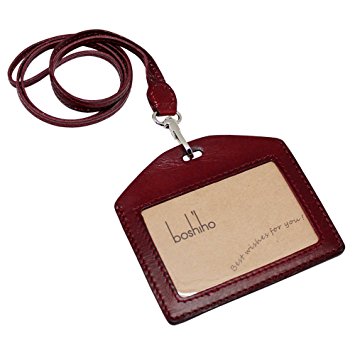 Boshiho Genuine Leather ID Card Badge Holder with Heavy Duty Lanyard Horizontal Style (Brown)