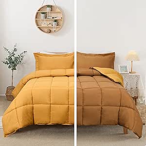 HIG 3-Piece All Season Reversible Mustard Yellow Down Alternative Comforter Set Twin - Baffle Channel Construction - 4 Corner Tab - 100% Bonded Filling - Breathable & Wrinkle Resistant Bedding Set