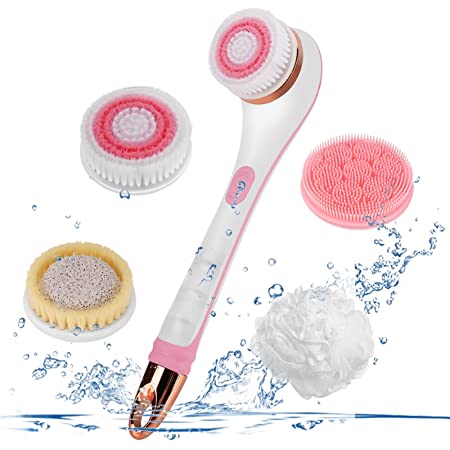 Color You Electric Body Brush for Exfoliating and Massage, Long Handle Electric Bath Brush Rechargeable Body Scrubber, Soft Silicone Spinning Skin Brush with 4 Spin Brush Heads for Man and Women