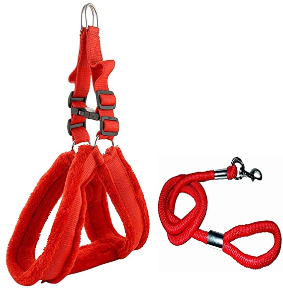 TYSON Feather Soft Padded Nylon Dog Harness & Leash Rope (Large, RED)
