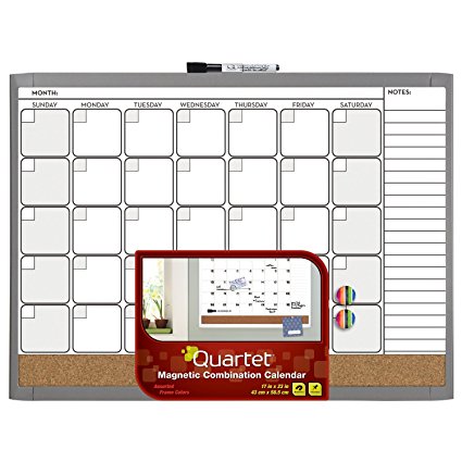 Quartet Magnetic Combination Calendar Board, 17 x 23 Inches, Dry Erase and Cork, 1-Month Design with List, Charcoal Frame (79380-CH)