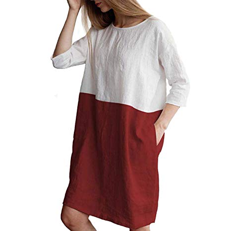 Helisopus Women's Cotton Linen Summer Dress Soft Loose Patchwork Plus Size Three-Quarter Sleeves Dresses