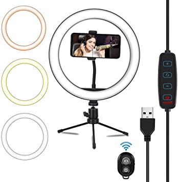 Ring Light 10 inches Cell Phone Holder Stand for Live Stream/Makeup, LED Camera Beauty Light RGB Ring Light, with 3 Light Modes & Best 10 Brightness Levels Dimmable LED Ring Light