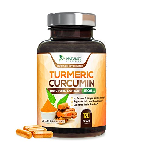 Turmeric Curcumin 100% Pure Extract 1500mg Highest Potency with Black Pepper and Ginger for Best Absorption, 95% Curcuminoids, Turmeric Powder Supplement by Nature's Nutrition - 120 Veg Capsules
