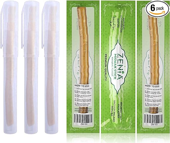 Zenia Sewak Natural Miswak Toothbrush - 6 Sticks & 6 Holders - Vacuum Sealed Natural Flavor Traditional Toothbrush Stick - for Healthy Gums & Teeth