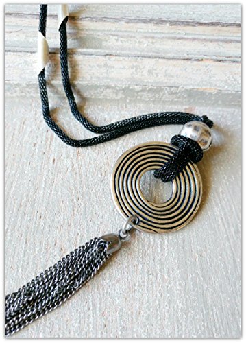 Women Black and Silver Long Spiral Disc Tassel Necklace