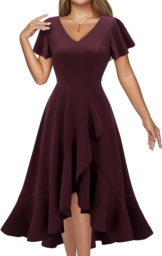 DRESSTELLS Women's Formal Dresses Cocktail Tea Party Dress 2024 Ruffle V-Neck Modest Wedding Guest Bridesmaid Dress