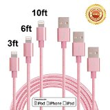 Bestfy 3Pack 3FT 6FT 10FT Extra Long Nylon Braided 8Pin to USB Power Cable Cord with Aluminum Heads for iPhone 66s6 Plus6s Plus55c5s iPad 4 Mini Air iPod Nano 7 iPod Touch 5 Rose gold