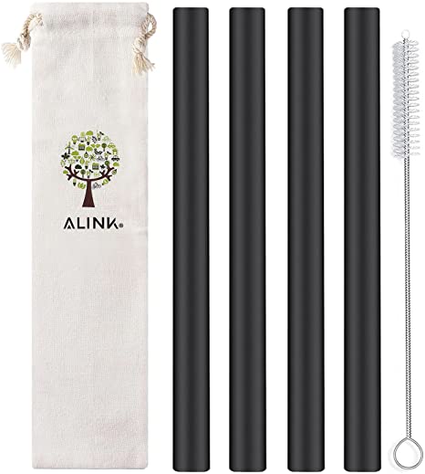 ALINK Reusable Black Silicone Boba Straws, 4-Pack Extra Wide Smoothie Straws for Bubble Tea/Milkshakes/Tapioca Pearls with Cleaning Brush and Carrying Case