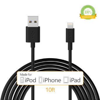 Apple Cable MFi Certified Lightning Cable- Kinps 10FT 3M Super Long 8 pin Lightning Sync and Charge Cord for Apple iPhone 5  5s  5c  6  6s  6 Plus iPod 7 iPad mini  mini 2 mini 3 iPad Air  iPad Air 210FT - Black - 1pack