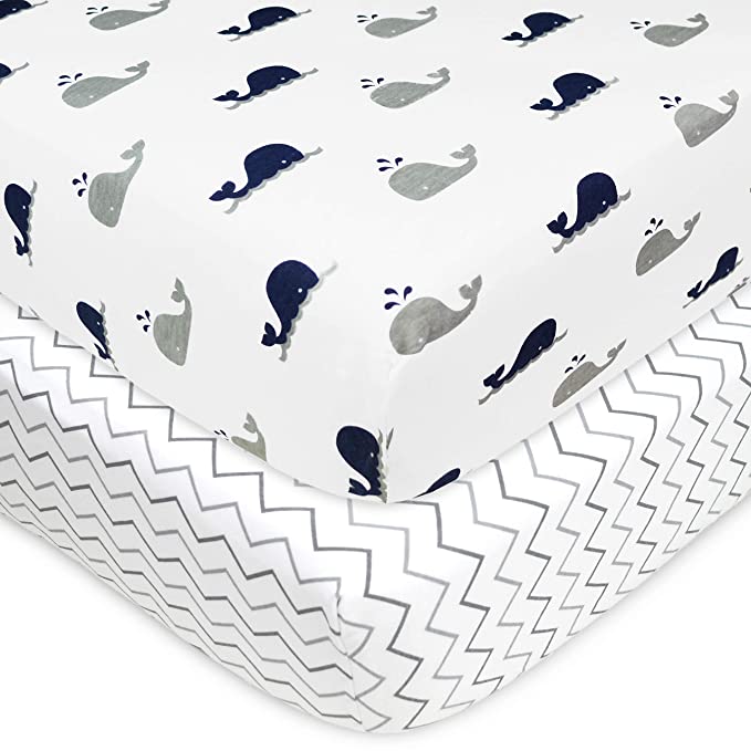 American Baby Company Printed 100% Natural Cotton Jersey Knit Fitted Crib Sheet for Standard Crib & Toddler Mattresses, Navy Whale/Grey Zigzag, for Boys & Girls